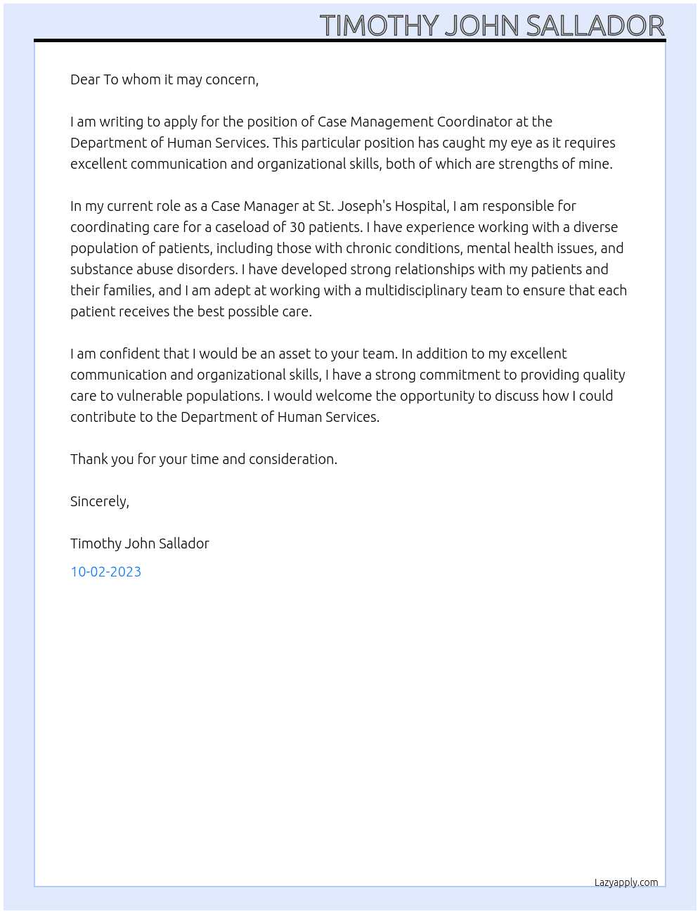 Case Management Coordinator At Department of Human Services Cover Letter