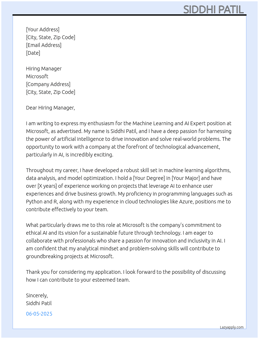 Cover letter for machine learning and ai expert - LazyApply