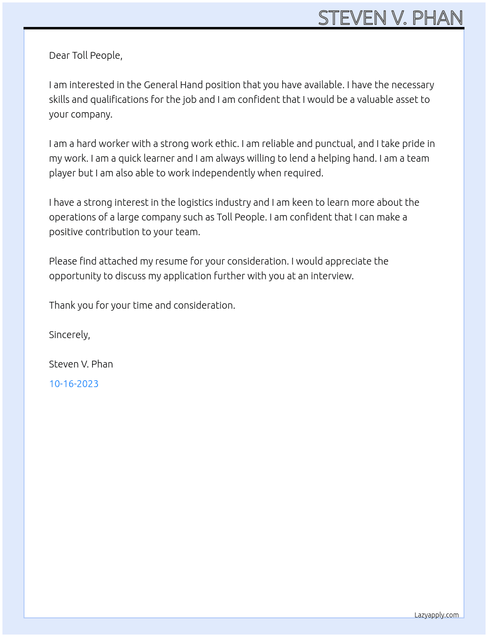 General hand At Toll People Cover Letter