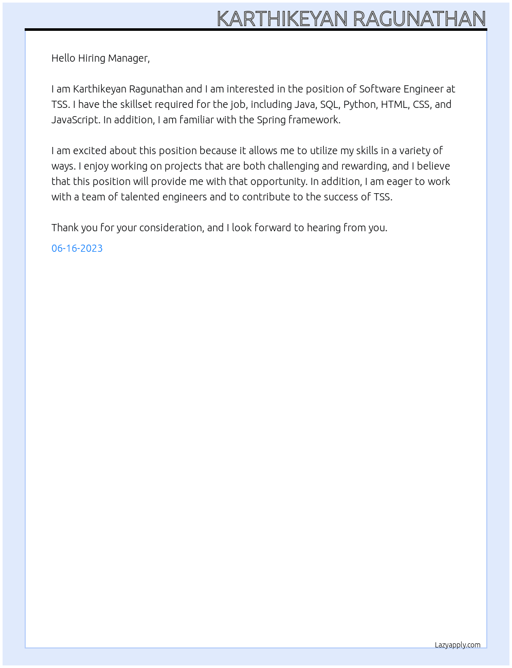 Software Engineer  At TSS Cover Letter