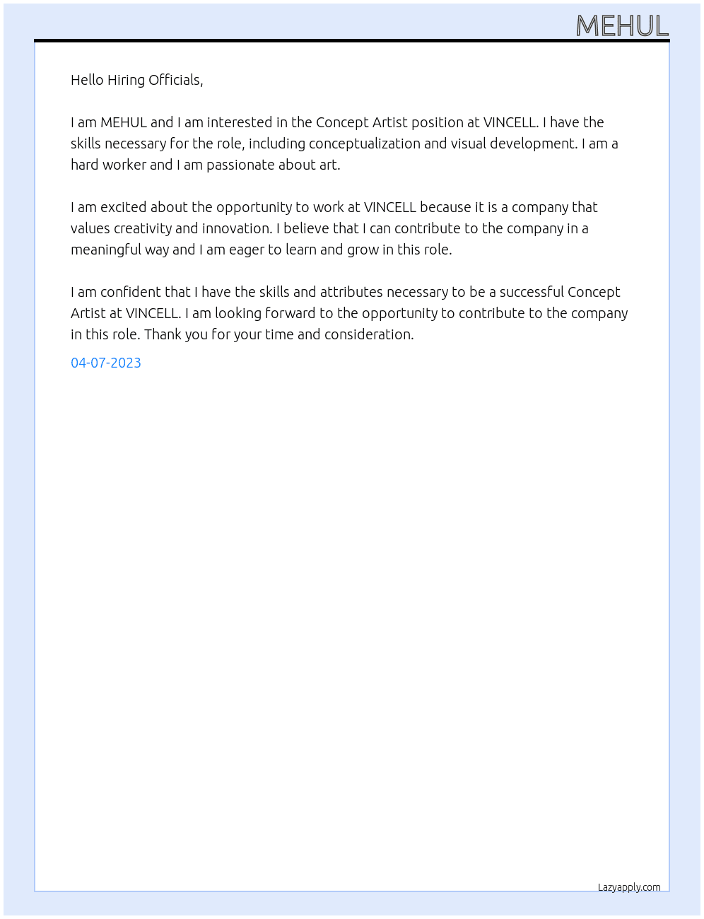 Concept Artist At VINCELL Cover Letter