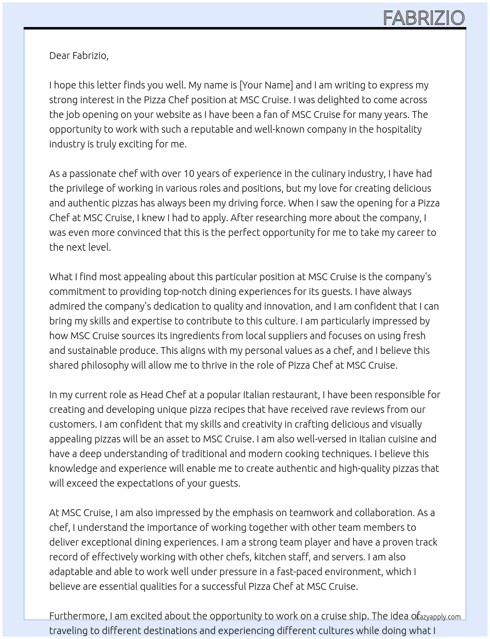 Pizza chef At Msc cruise Cover Letter