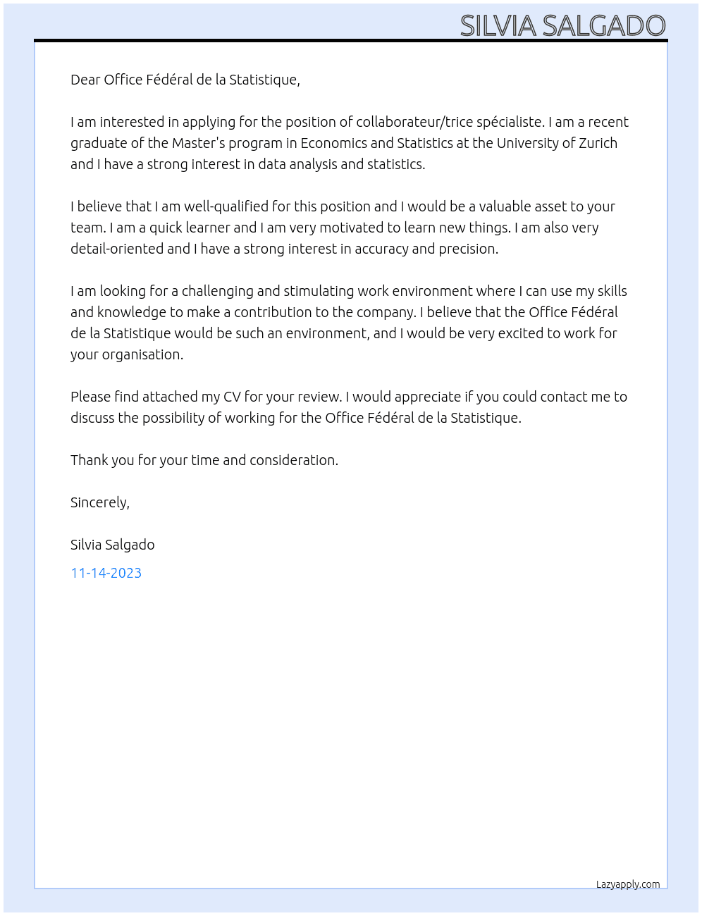 collaborateur/trice spécialiste At Office Fédéral de la Statistique Cover Letter