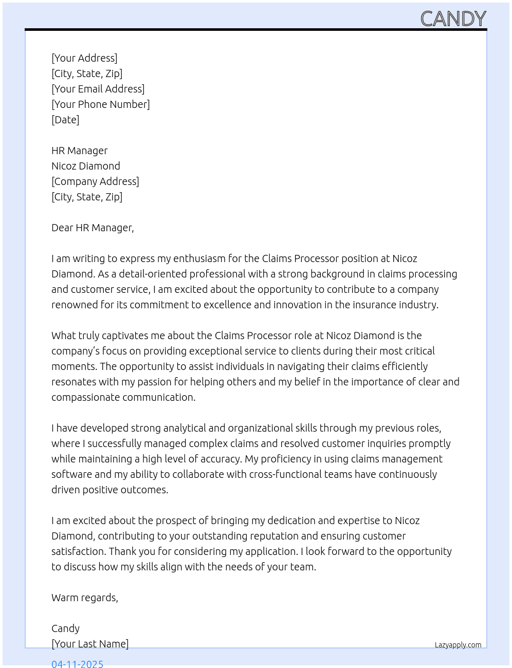 Claims processor At Nicoz Diamond  Cover Letter