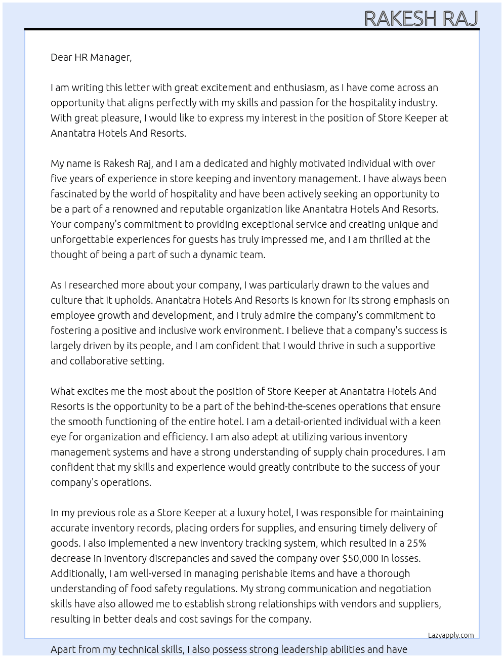 store keeper At Anantatra Hotels And Resorts Cover Letter