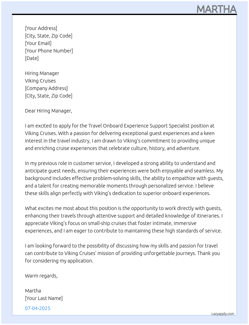 Travel Onboard Experience Support Specialist At Viking Cruises Cover Letter