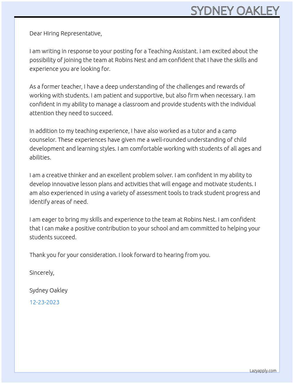 Teaching Assistant At Robins Nest Cover Letter