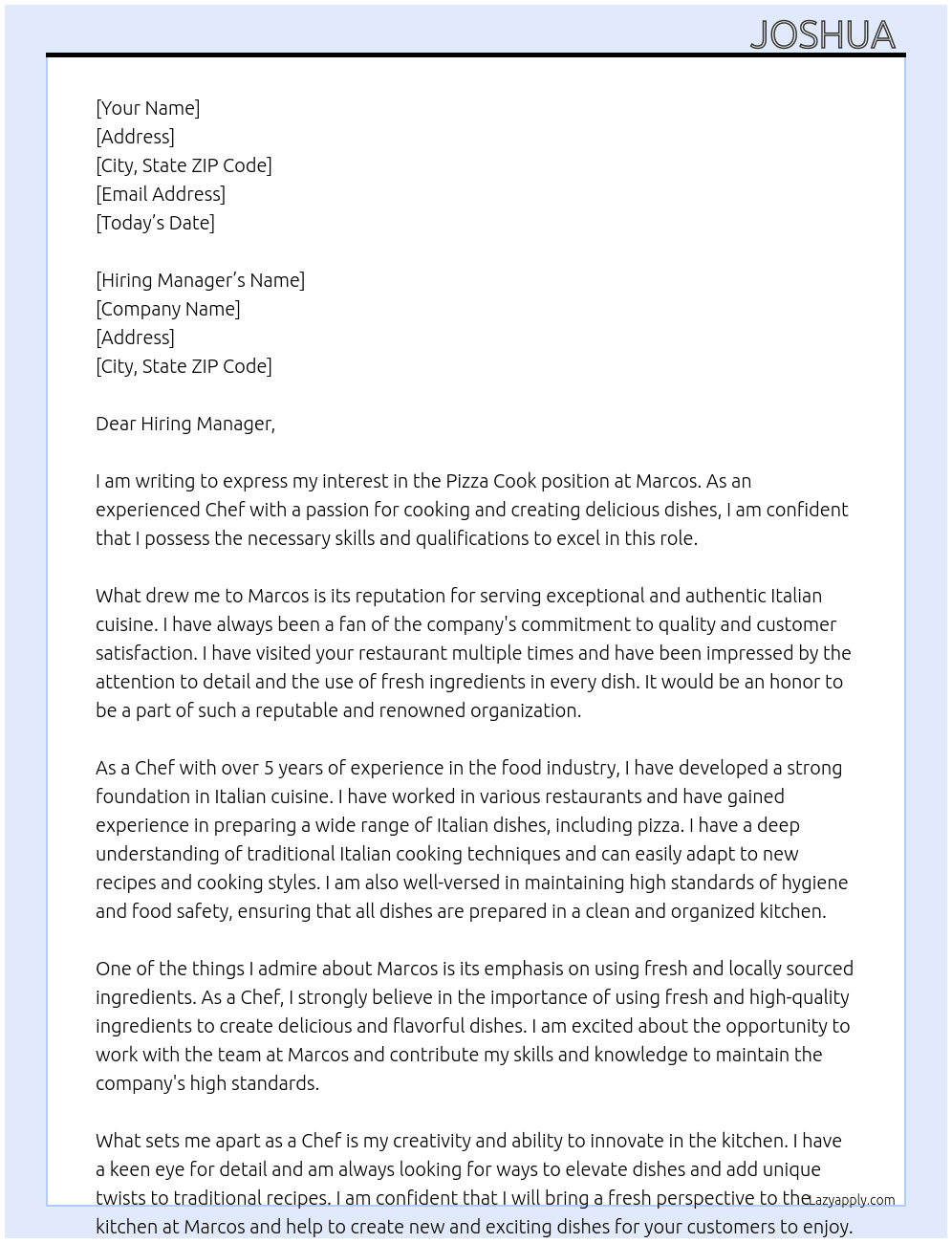Pizza Cook  At Marcos  Cover Letter