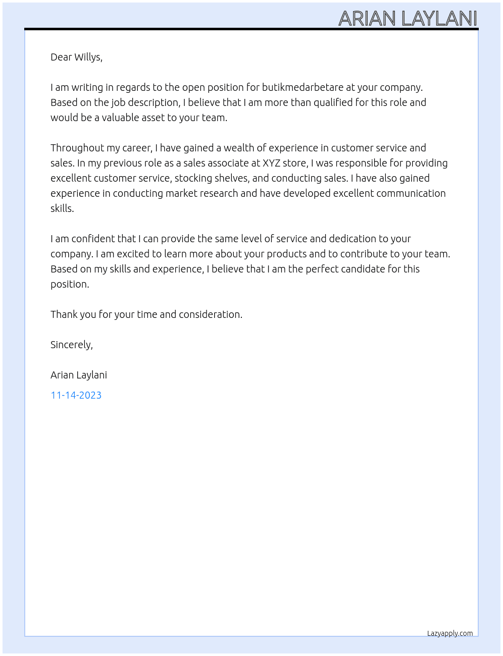butikmedarbetare  At Willys   Cover Letter