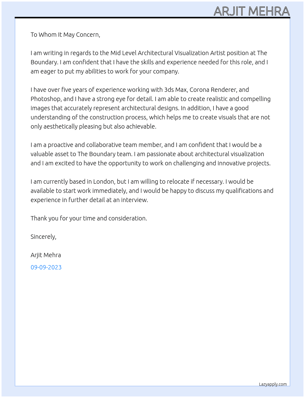 Mid Level Architectural Visualization Artist At The Boundary Cover Letter
