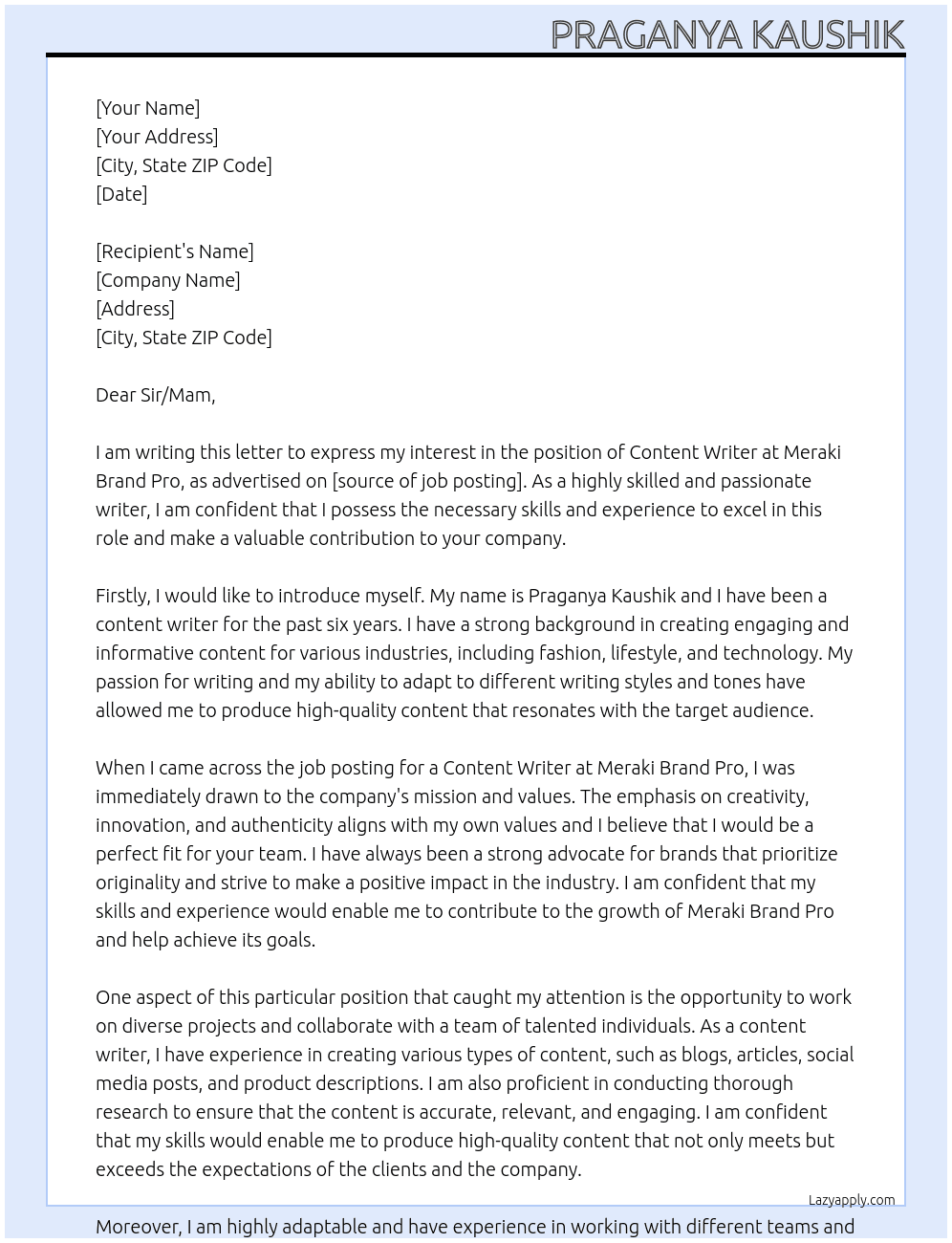 Content Writer At Meraki Brand Pro Cover Letter