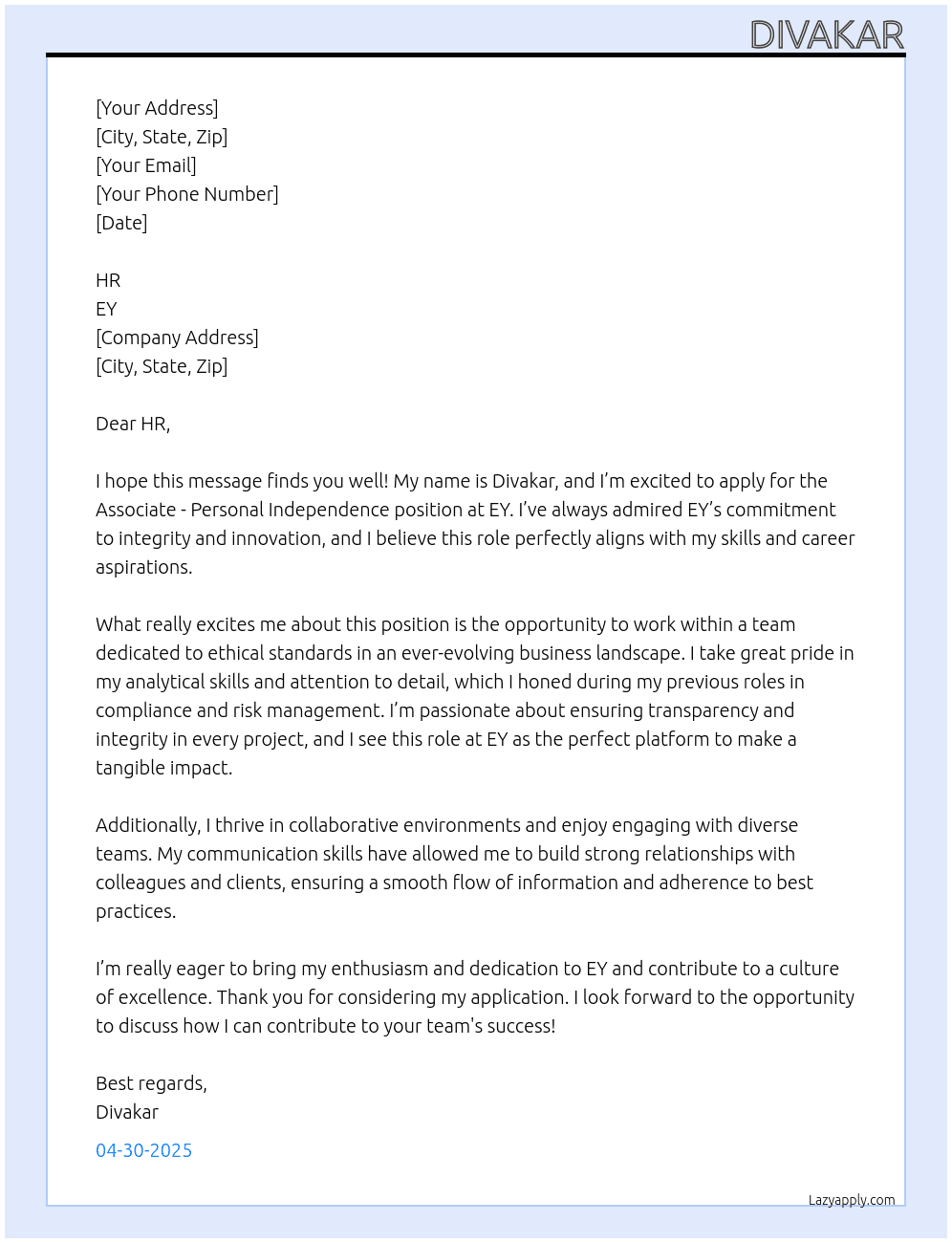 Cover letter for associate- personal independence - LazyApply