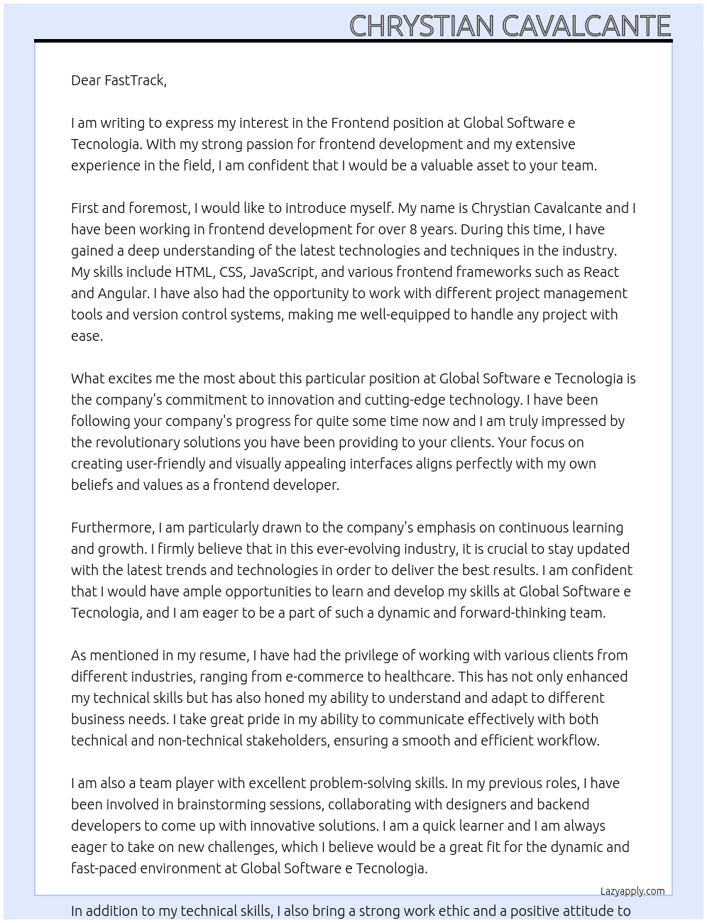 Frontend At Global Software e Tecnologia Cover Letter