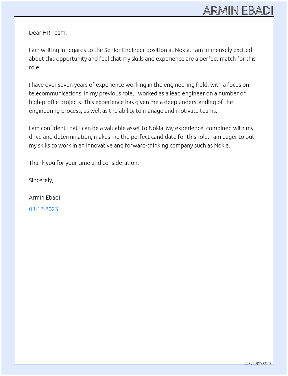 NPO Senior Engineer At Nokia Cover Letter