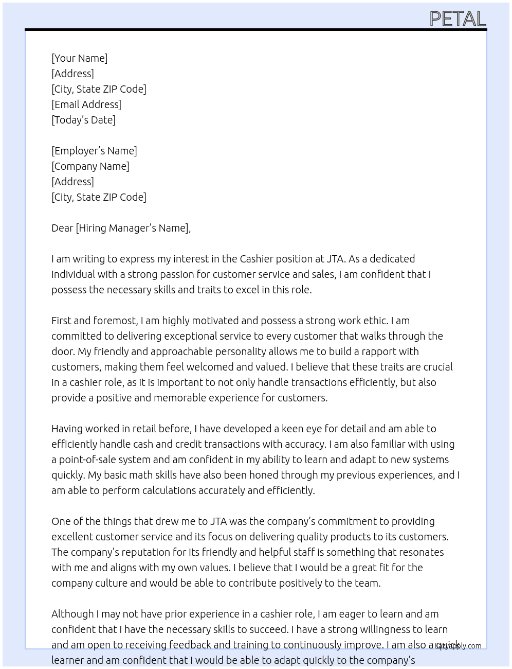 Cashier At JTA Cover Letter