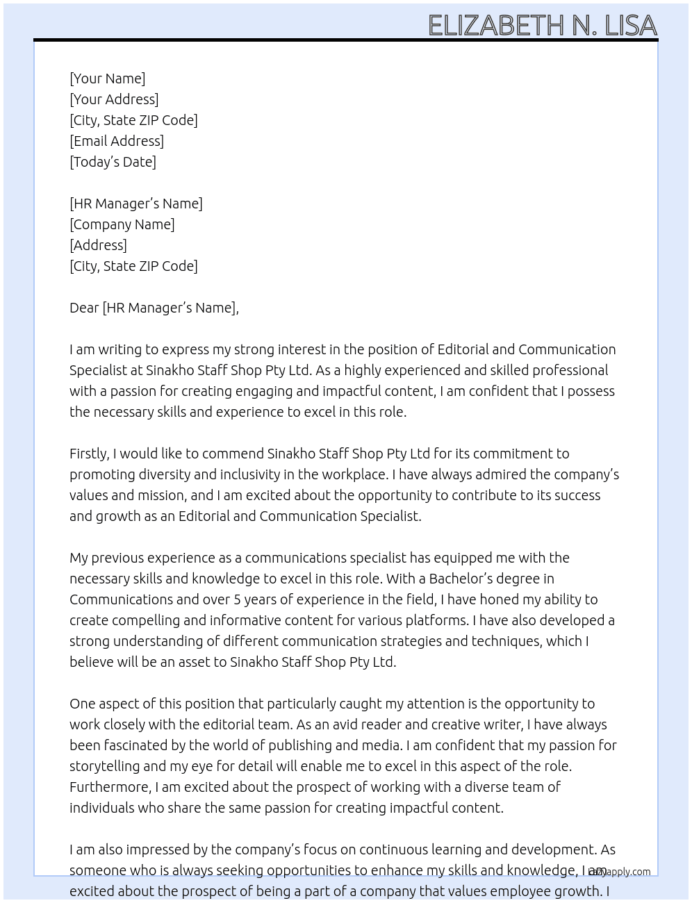 Editorial and communication specialist At Sinakho staff shop pty ltd Cover Letter