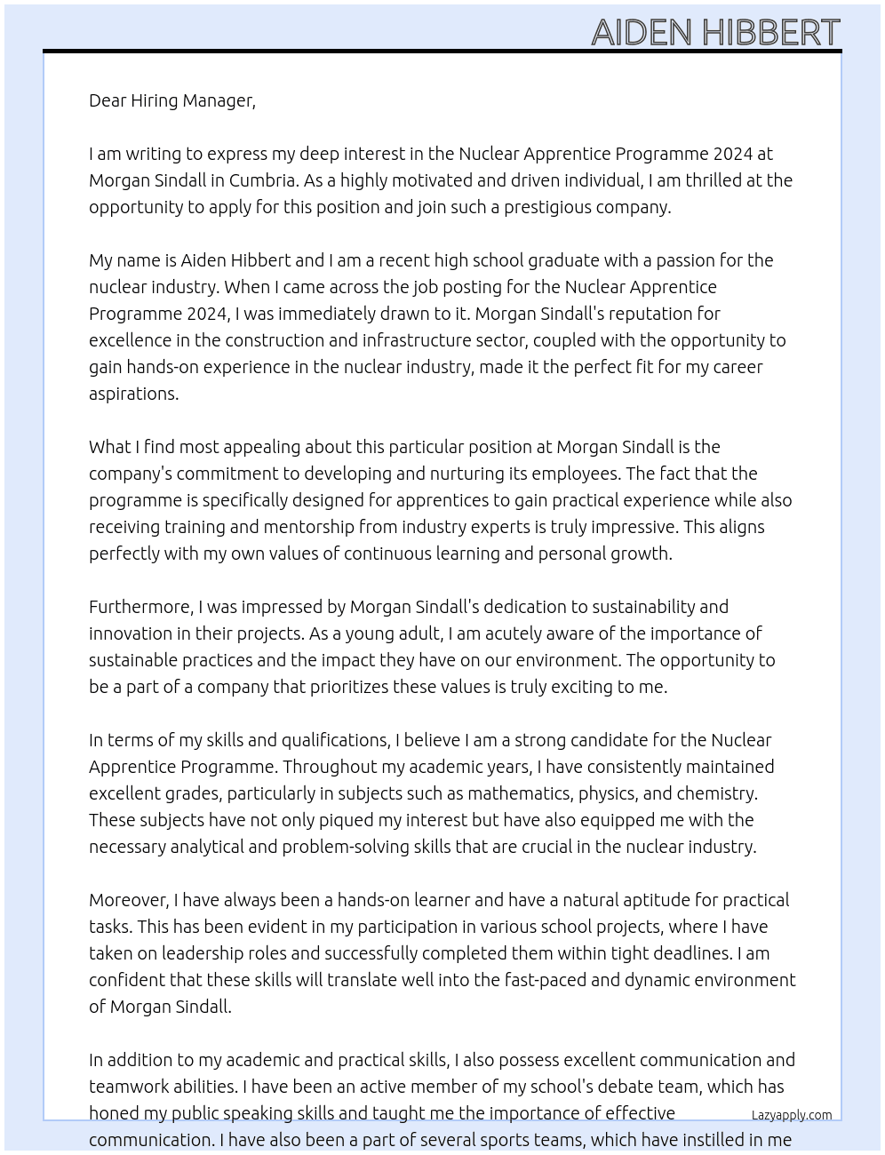 Nuclear Apprentice Programme 2024 Cumbria At Morgan Sindall  Cover Letter