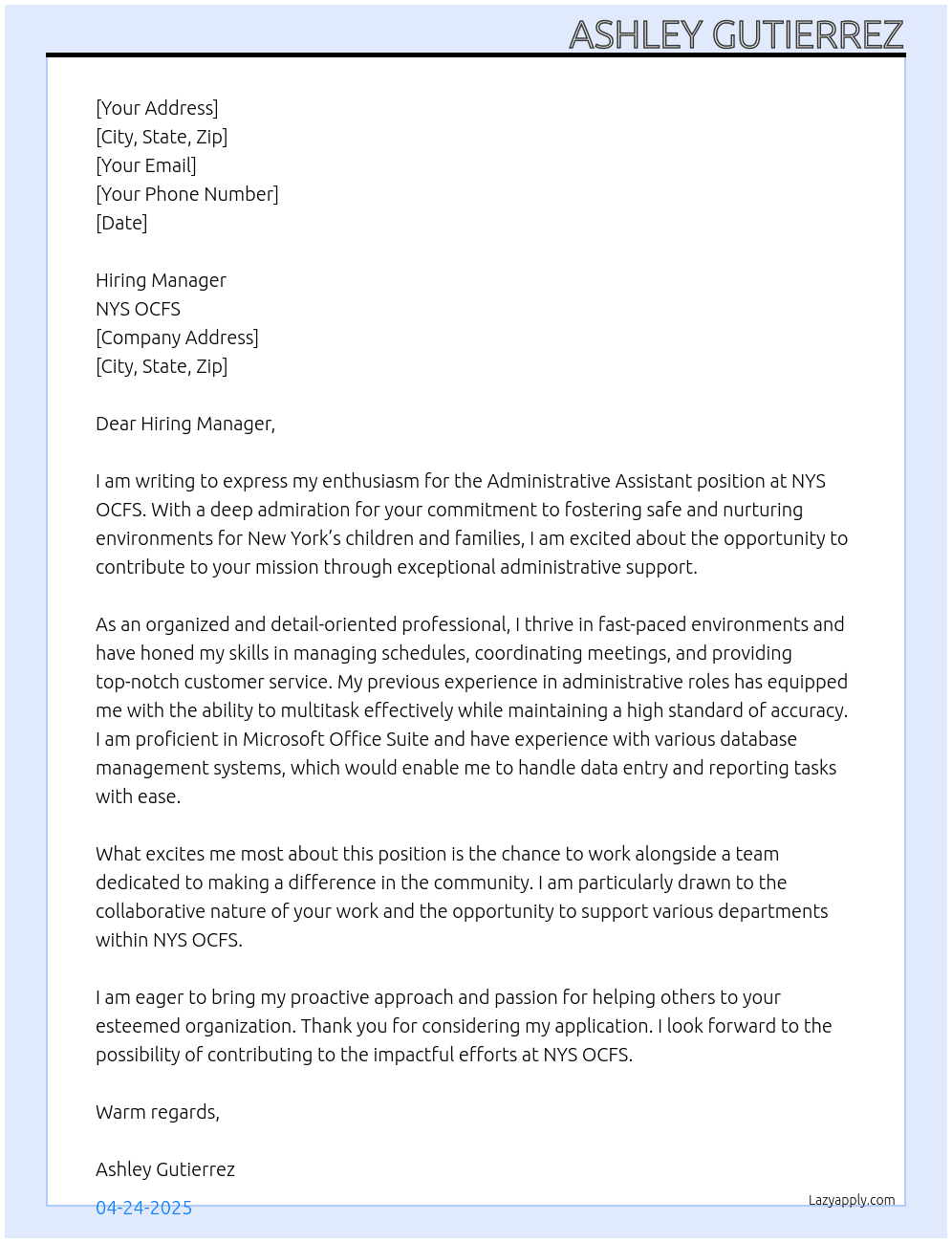 Administrative Assistant At NYS OCFS Cover Letter
