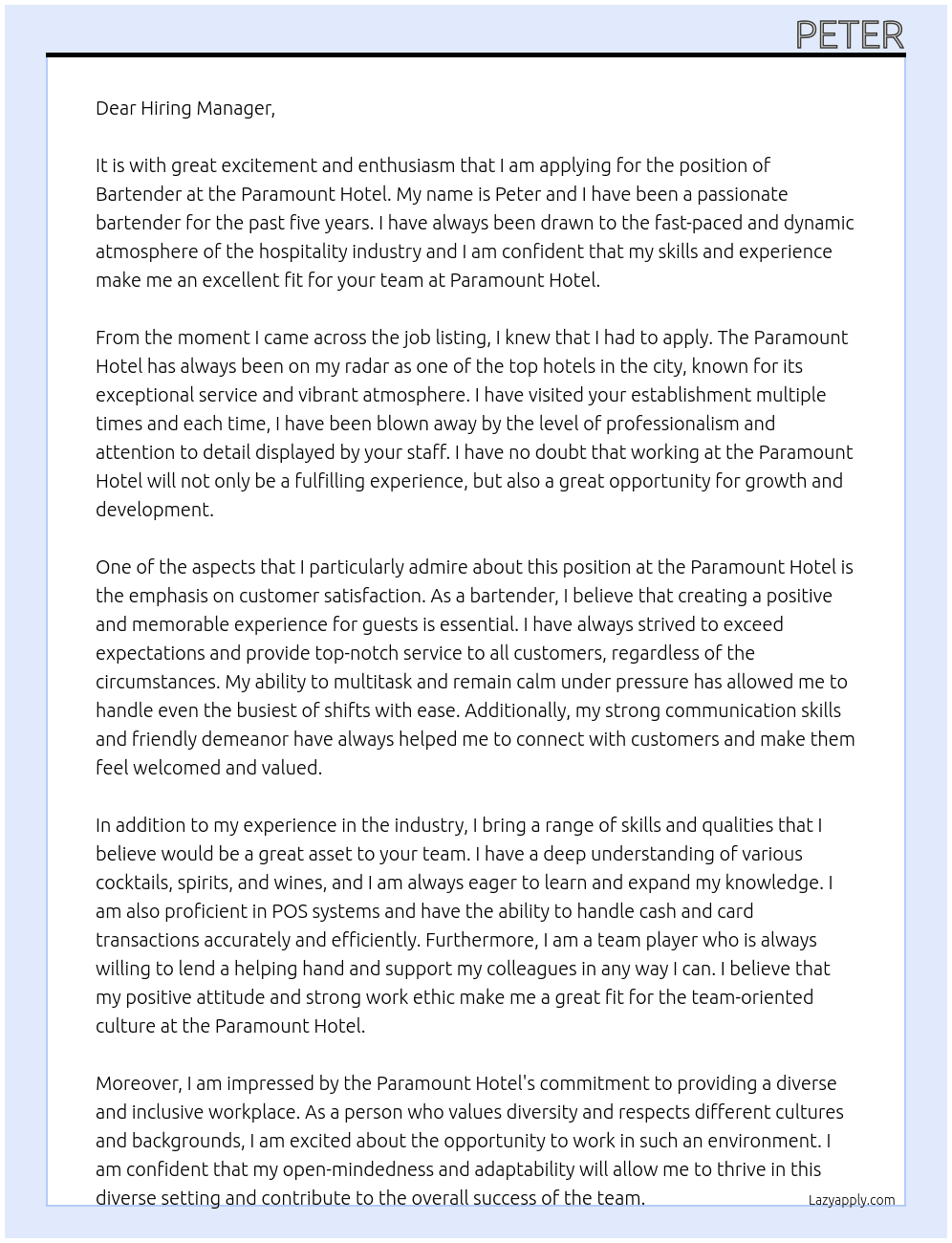 Bartender At Paramount Hotel Cover Letter