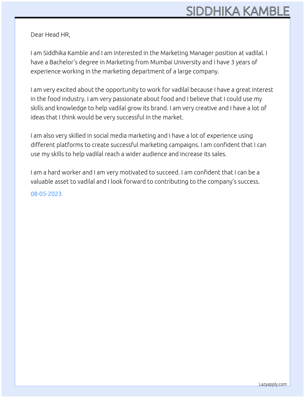 Marketing Manager At vadilal Cover Letter