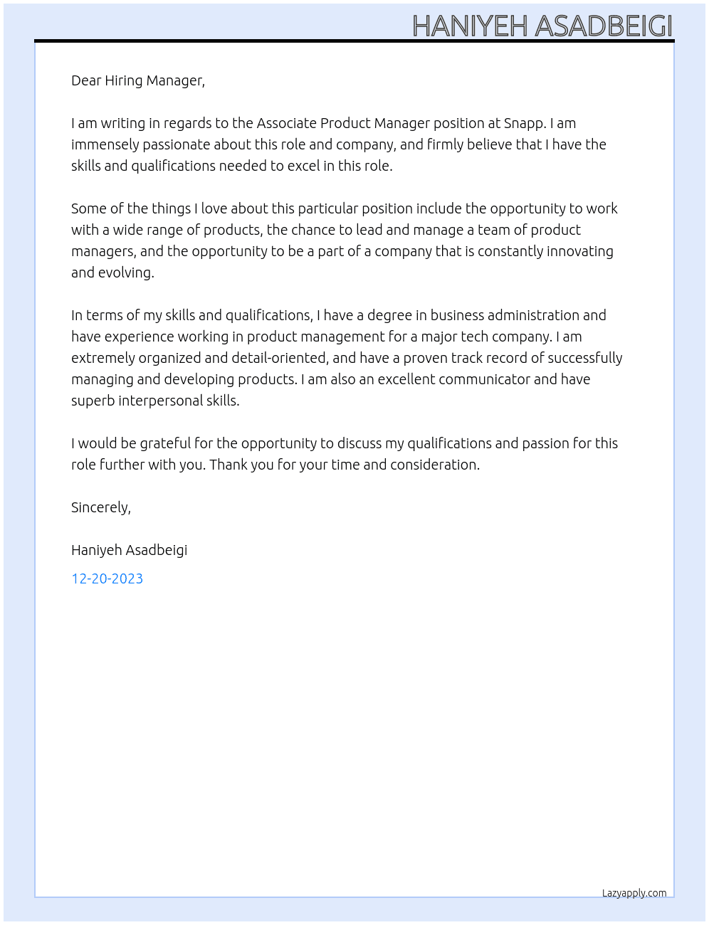 Associate Product manager At snapp Cover Letter