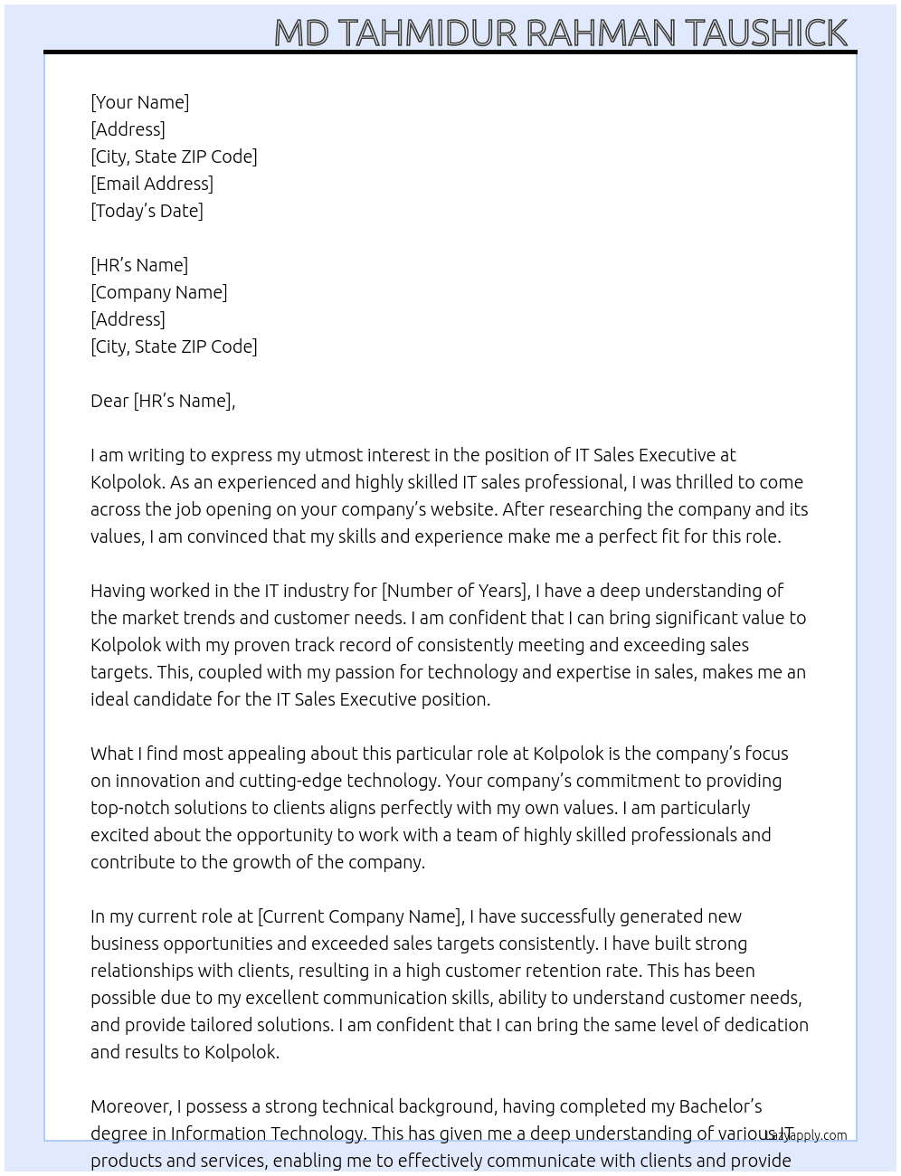 It sales executive  At Kolpolok Cover Letter