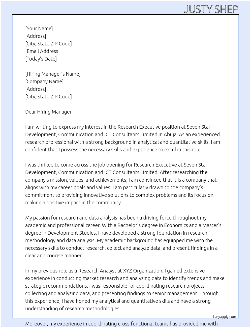 Research Executive At Seven Star Development, Communication and ICT Consultants Limited Cover Letter
