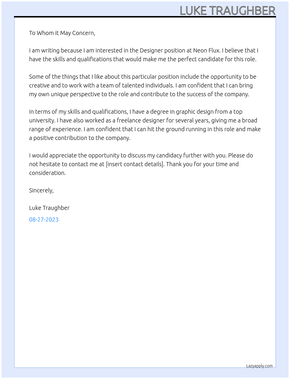 Designer At Neon Flux Cover Letter