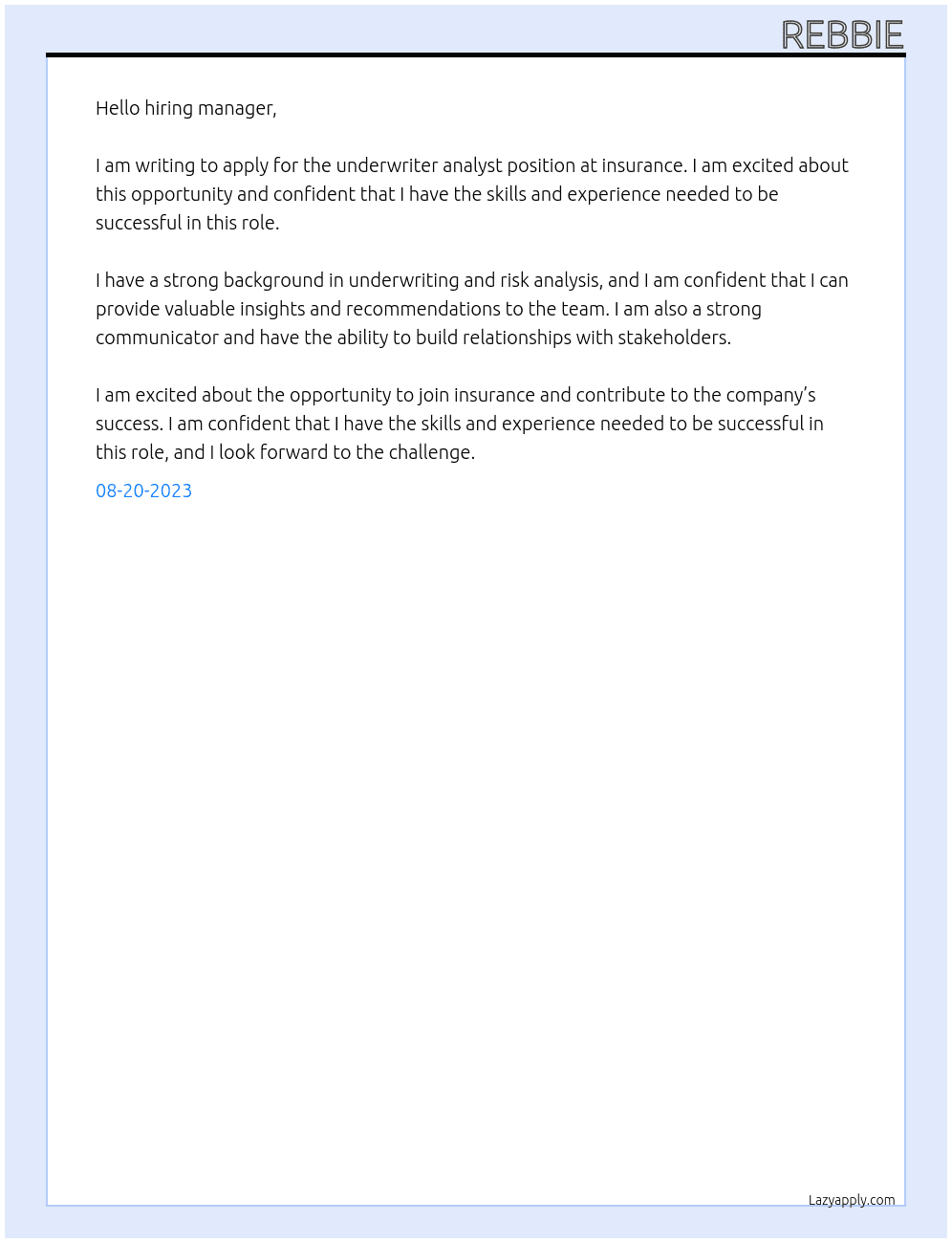 underwriter analyst At insurance Cover Letter