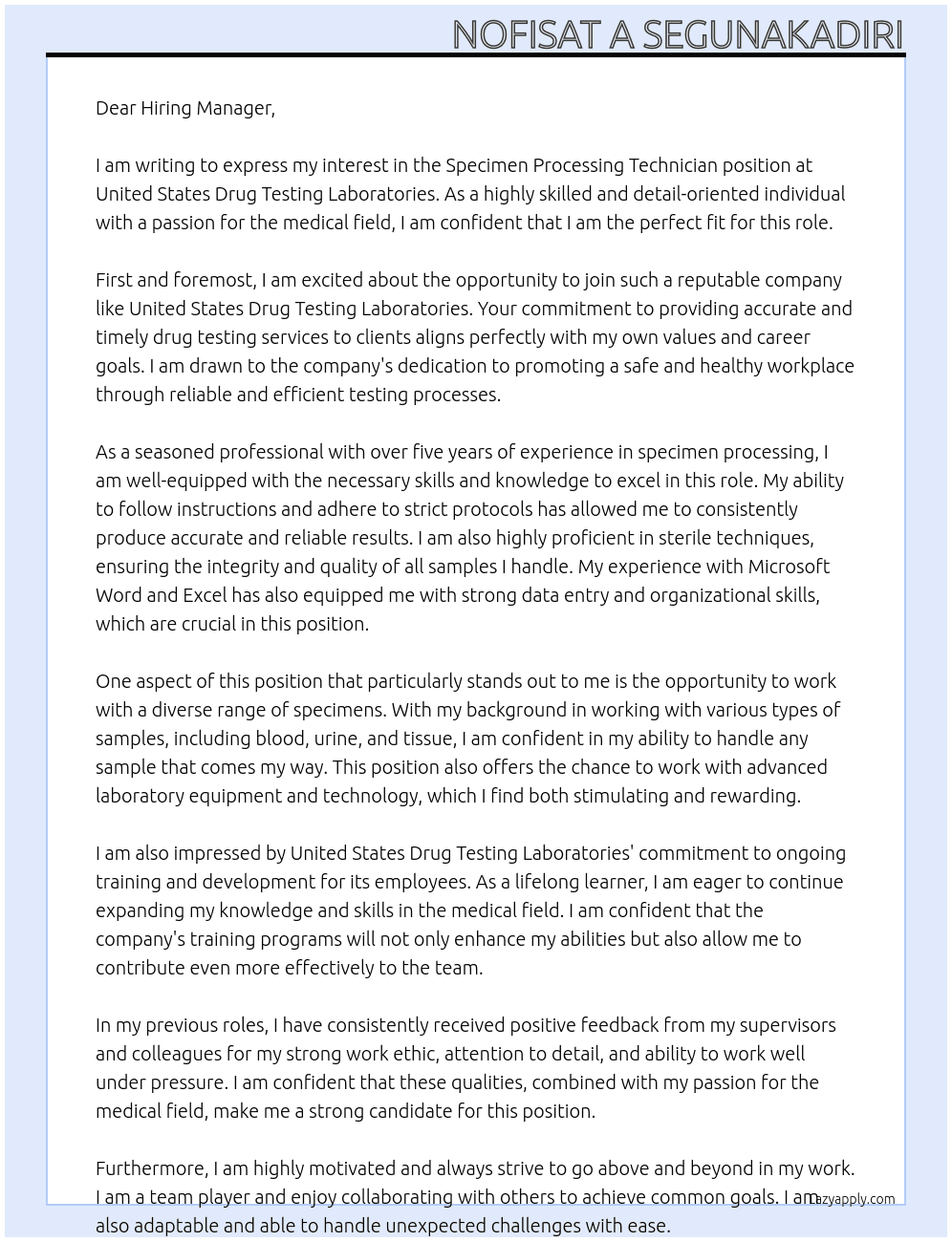 specimen processing technician At United States Drug testing laboratories Cover Letter