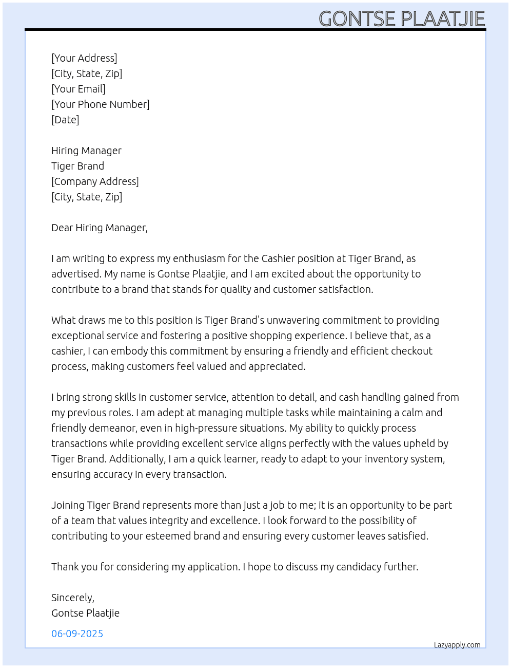 cashier At Tiger Brand Cover Letter