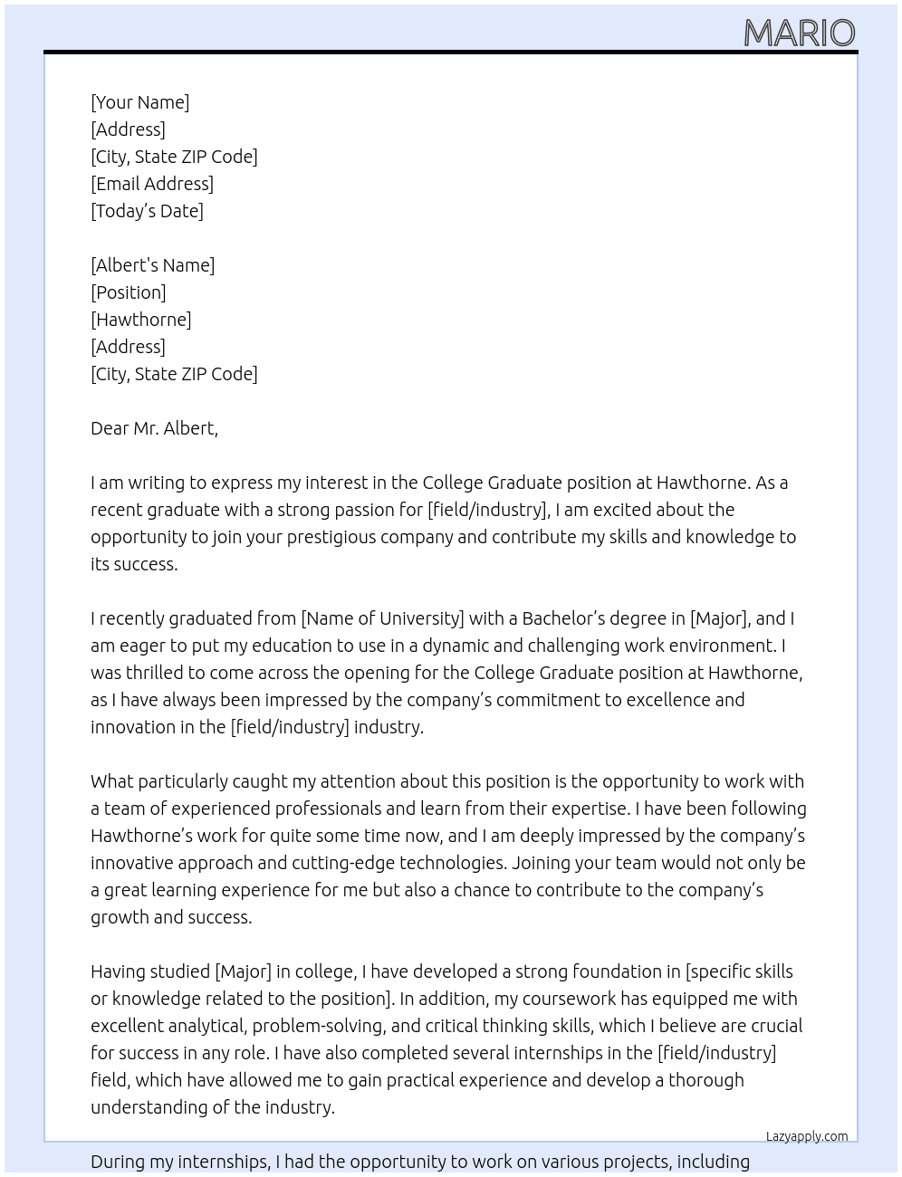 College graduate At Hawthorne Cover Letter