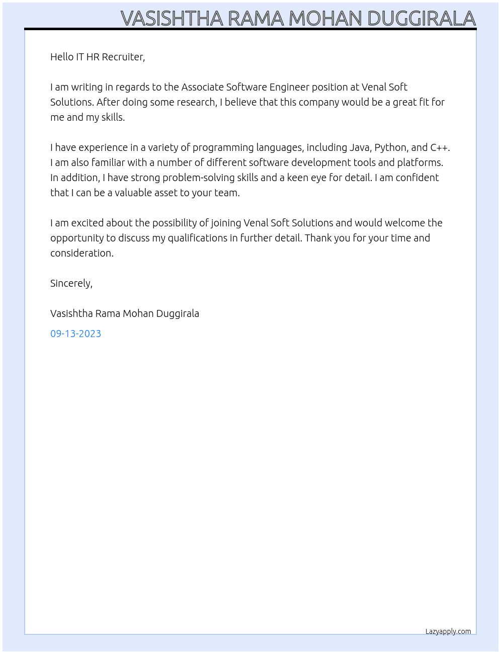 Associate Software Engineer At Venal Soft Solutions Cover Letter