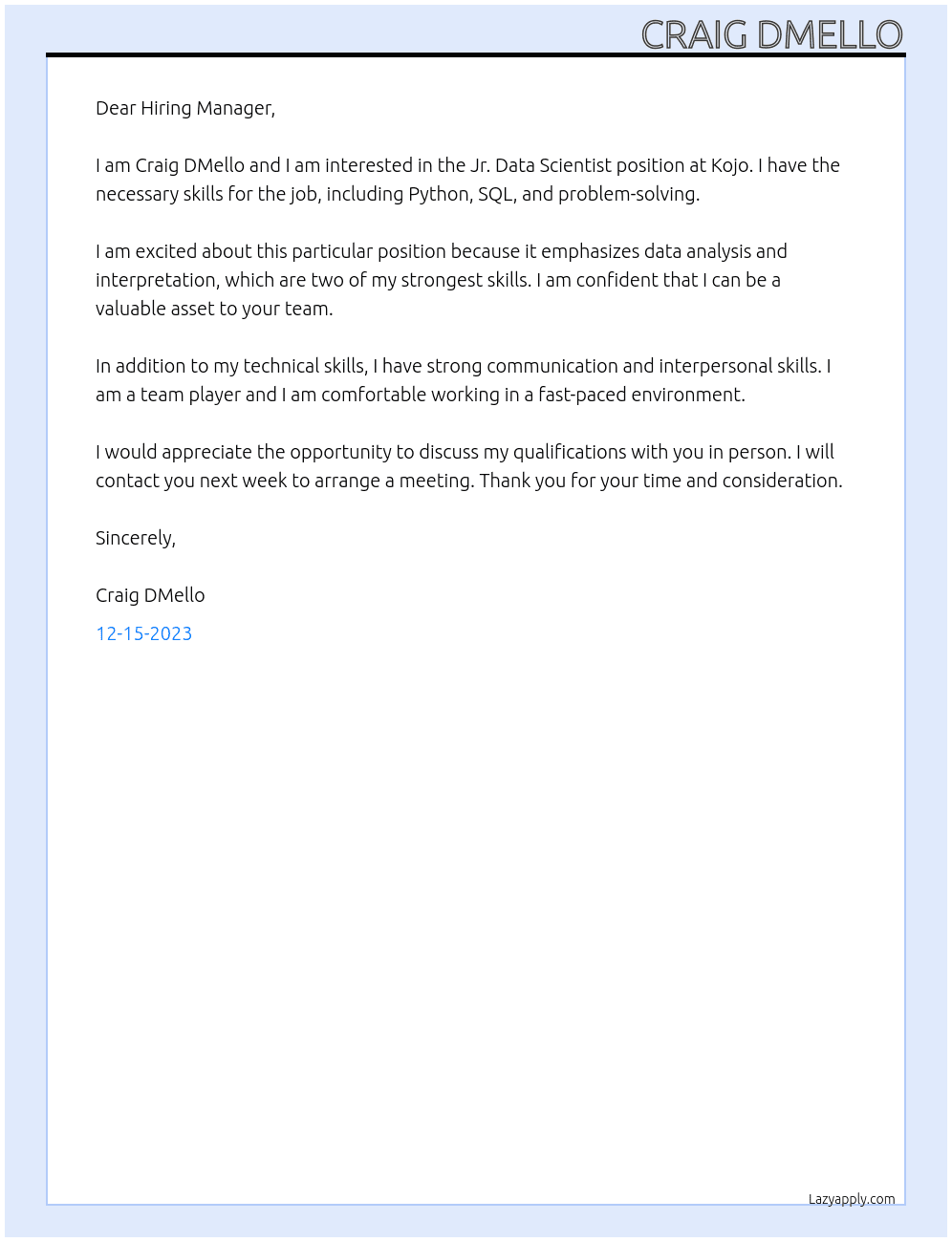 Jr. Data Scientist At Kojo Cover Letter