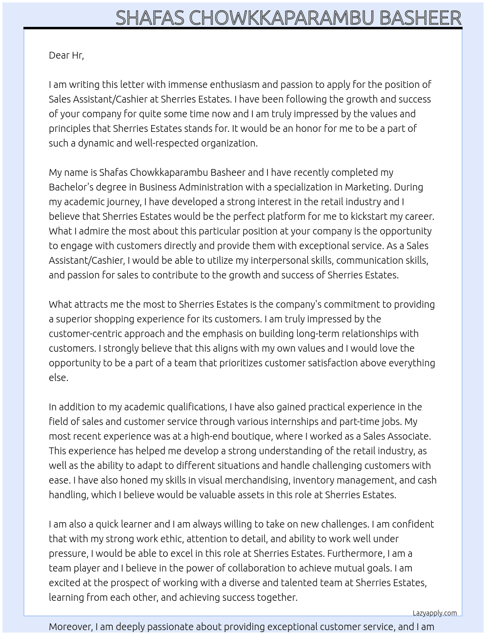 Sales Assistant/Cashier At Sherries Estates Cover Letter