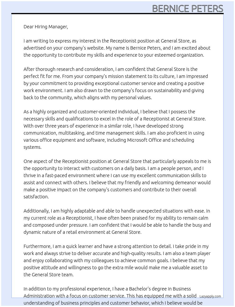 Receptionist  At General Store Cover Letter