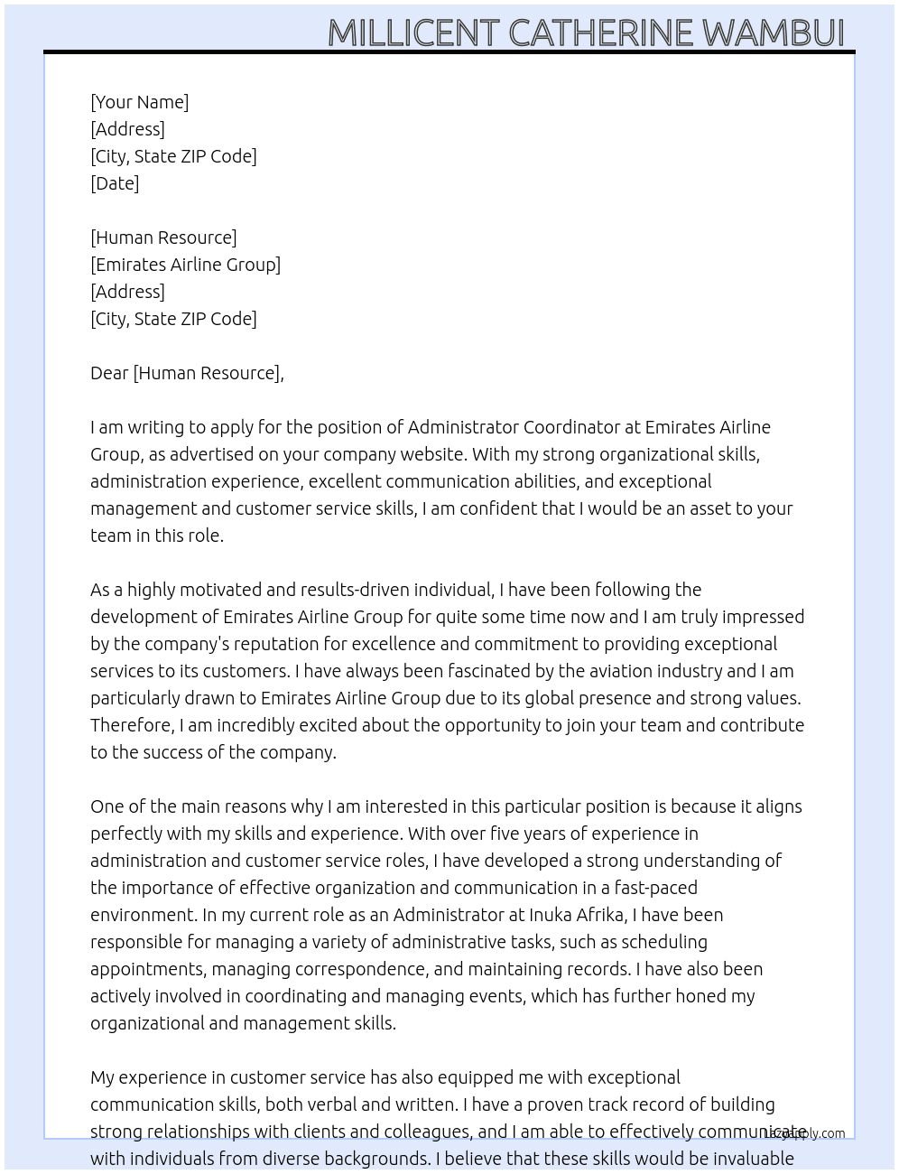 Administrator coordinator  At Emirates Airline Group Cover Letter