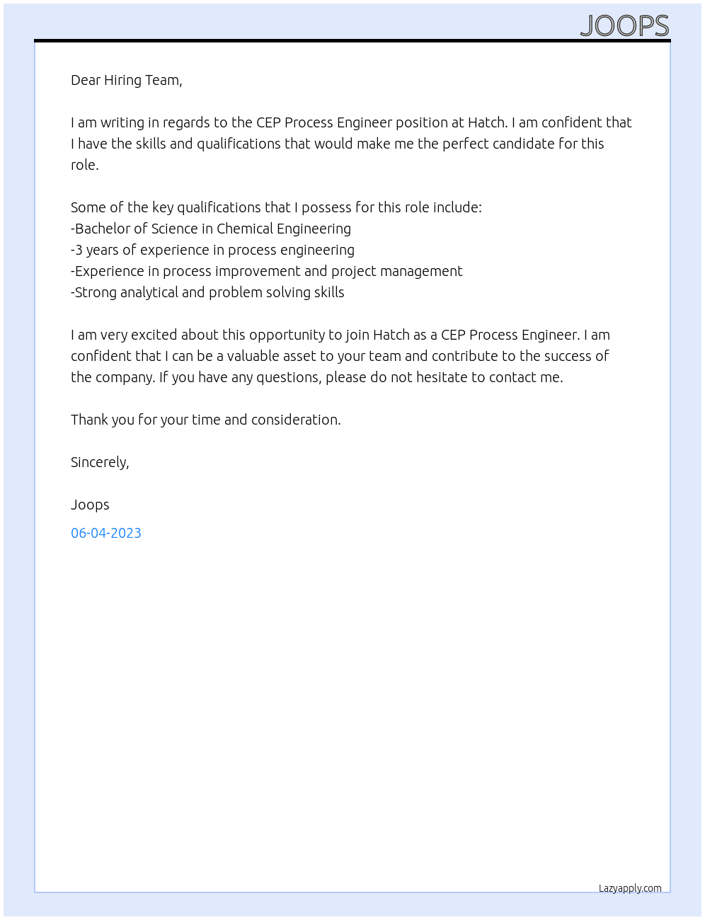 CEP Process Engineer At Hatch Cover Letter
