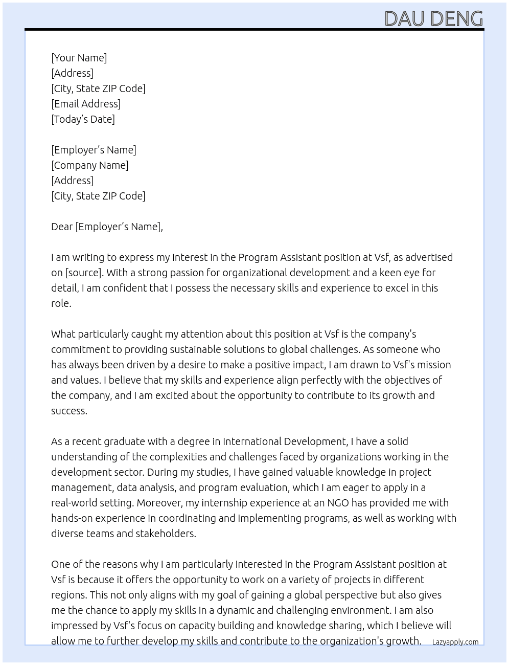 Program assistant At Vsf Cover Letter