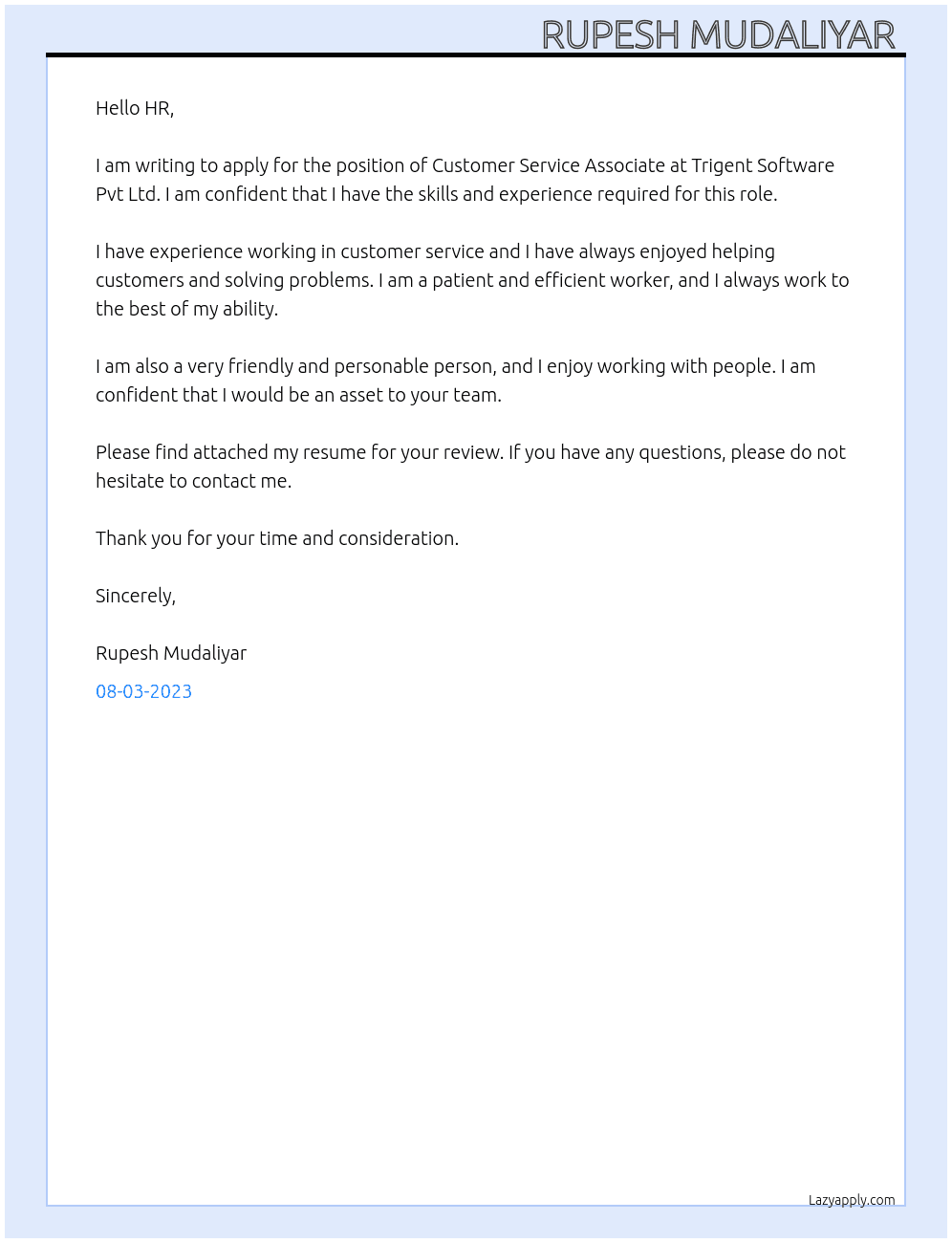 Customer service associate  At Trigent Software Pvt Ltd Cover Letter