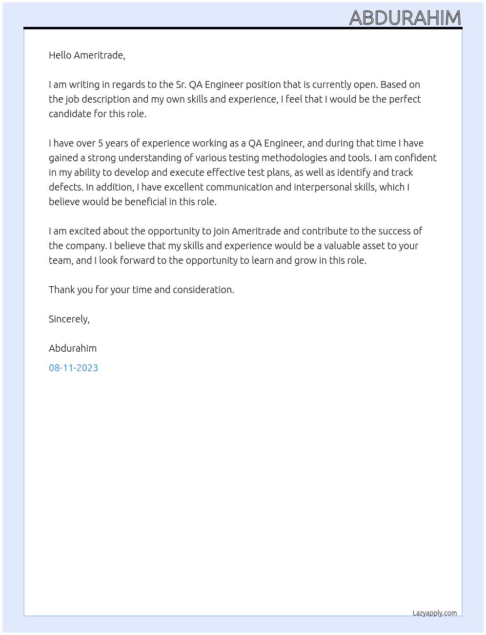 Sr. QA Engineer At Ameritrade Cover Letter