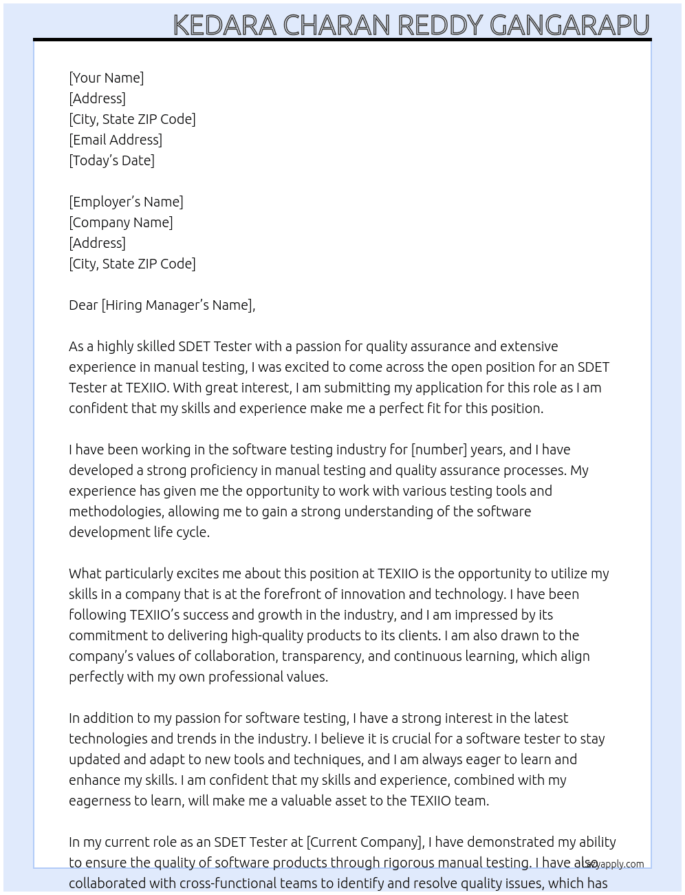 SDET Tester At TEXIIO Cover Letter