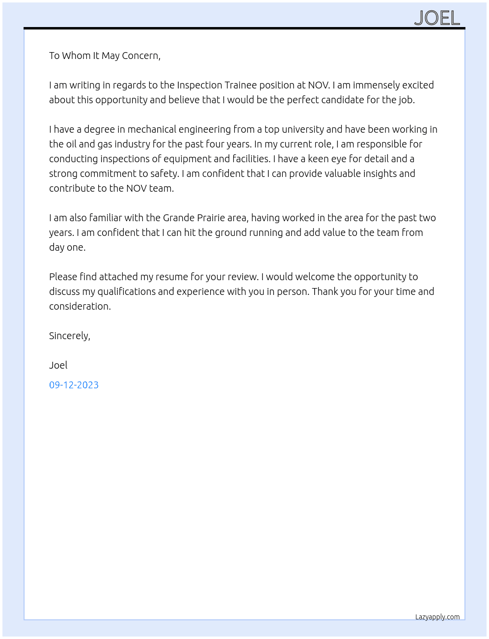 Inspection Trainee At NOV Cover Letter