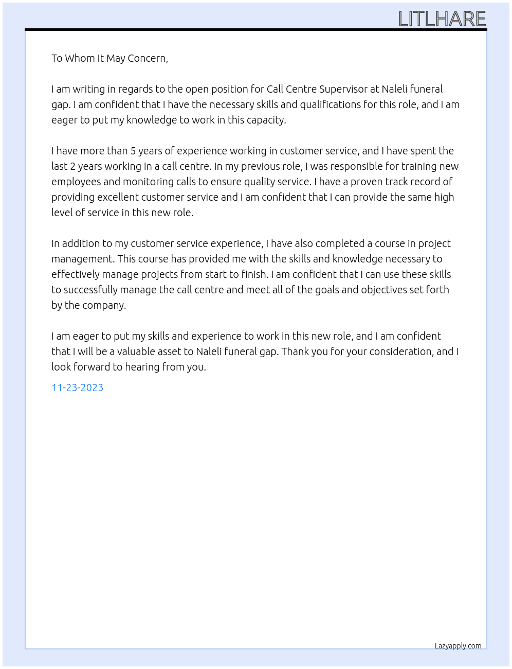 Call centre supervisor  At Naleli funeral gap Cover Letter