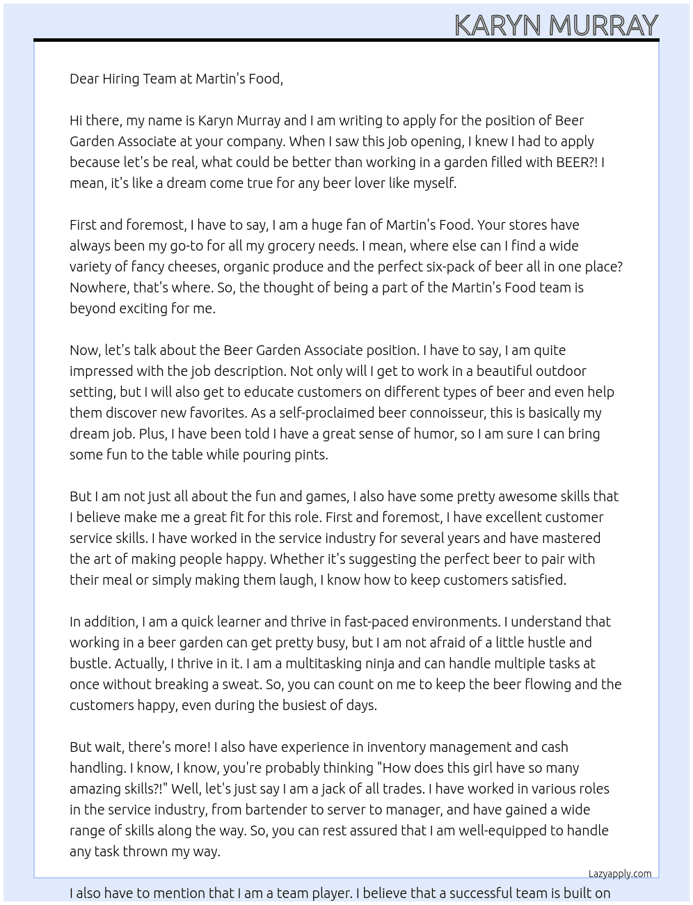 Beer Garden Associate At Martin's Food Cover Letter