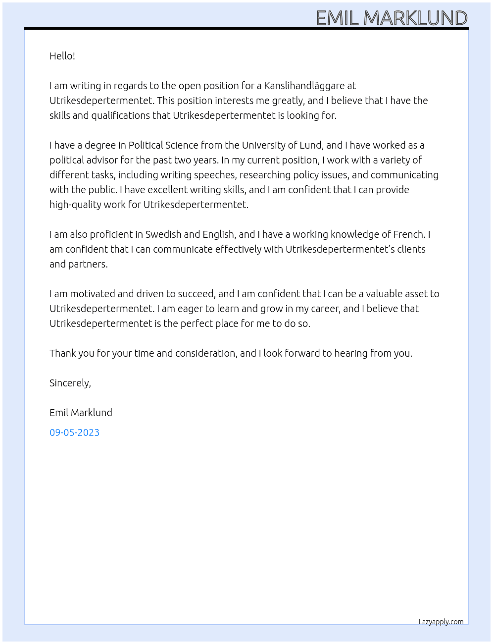 Kanslihandläggare At Utrikesdepertermentet Cover Letter