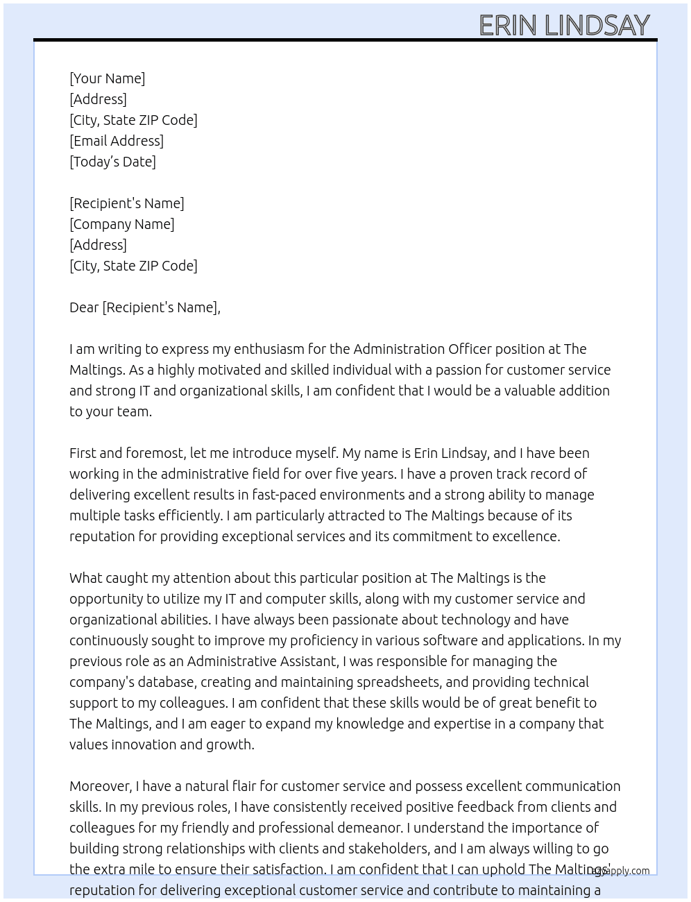 Administration officer At The maltings  Cover Letter