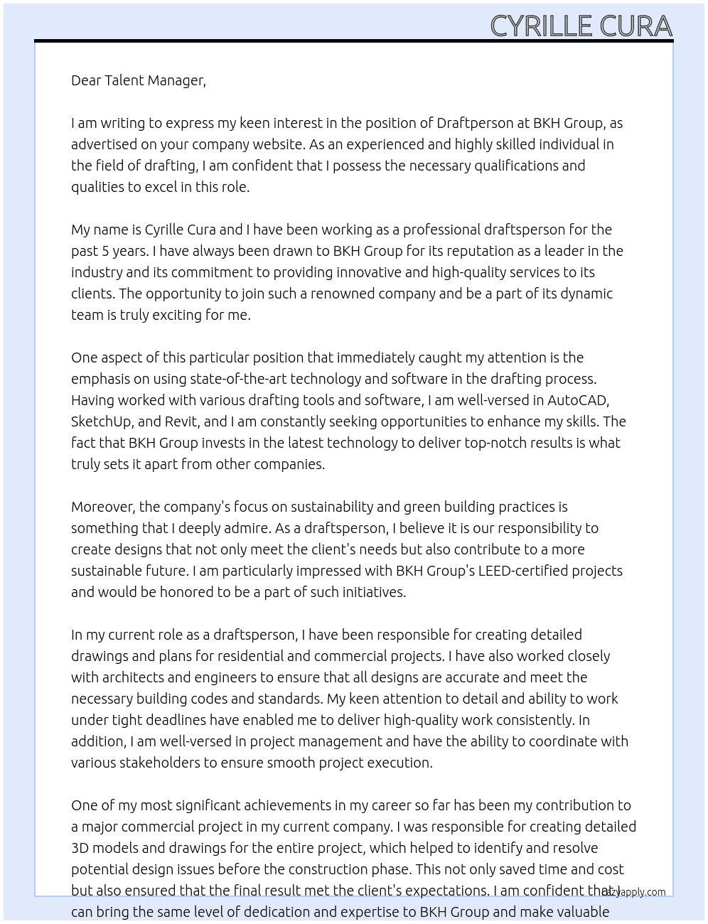 Draftperson At BKH Group Cover Letter