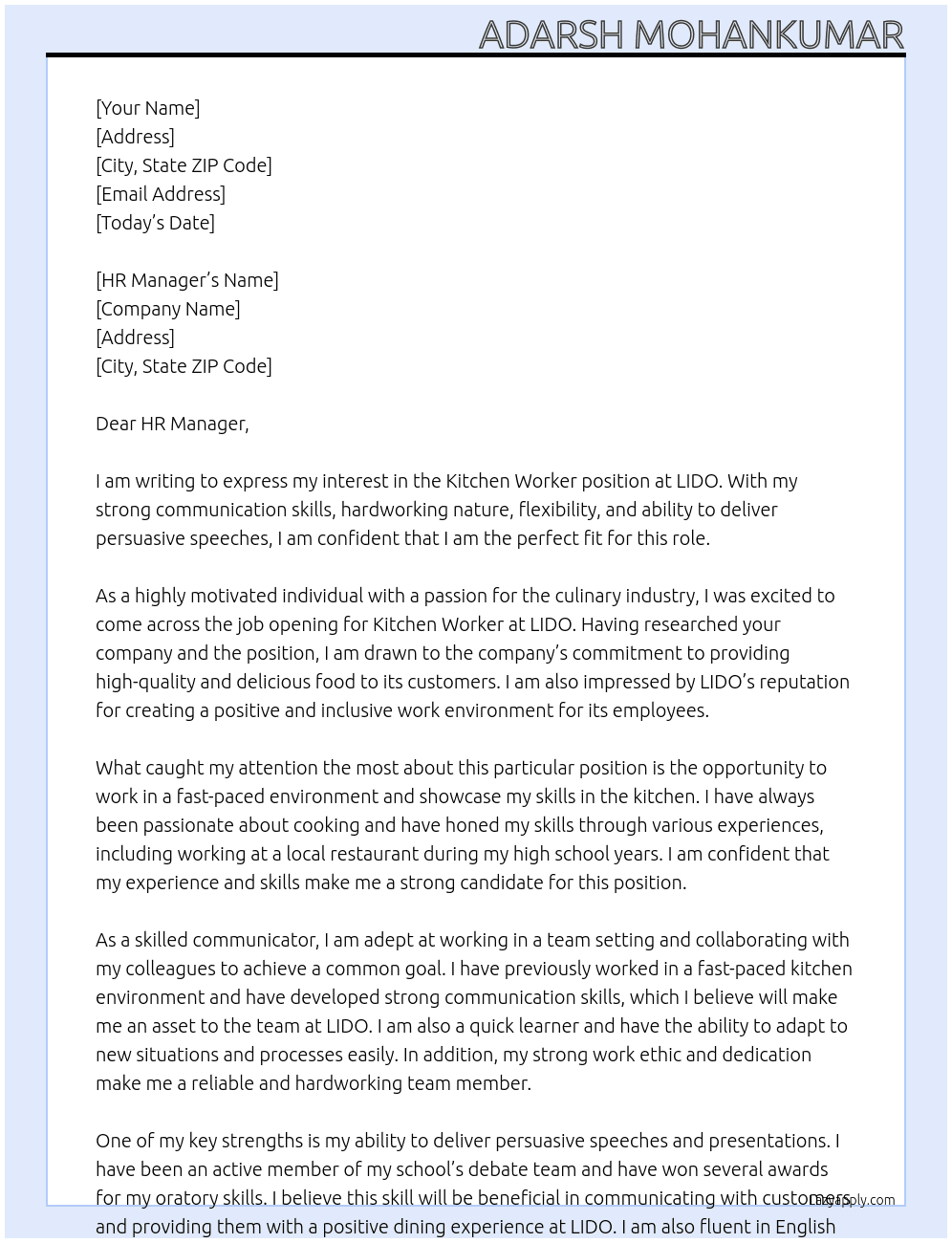 KITCHEN WORKER At LIDO Cover Letter