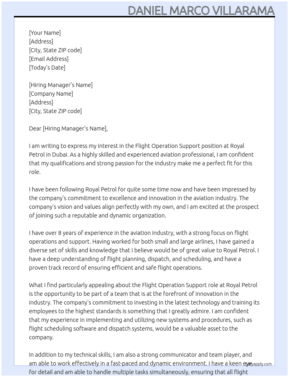 Cover letter for flight operation support - LazyApply